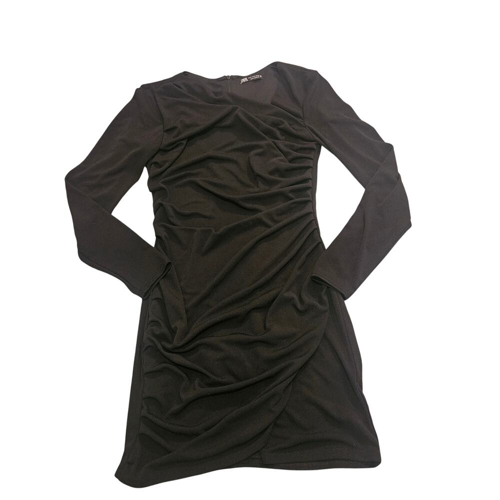 Zara Black Ruched Bodycon Dress Medium Long Sleeve Mini Stretch Fitted